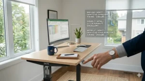 A detailed illustration of a standing desk's lift capacity and durability ratings, highlighting the ability to support heavy monitors and professional gear.