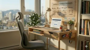 Illustration of a light oak-finish compact desk under $300 made from sustainable materials for eco-conscious Canadians.