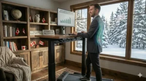 A tall individual using a walking pad with an electric standing desk, optimized for maximum height clearance.