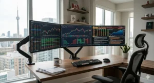A professional trading desk for 3 monitors in a downtown Toronto office, featuring live TSX stock market charts and natural daylight from a large window.
