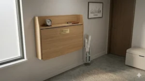 A wall-mounted drop-leaf desk folded up to save floor space in a small apartment / bureau mural escamotable.