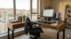 Cozy home office illustration with a wood-grain L-shaped desk, warm lighting, and Canadian decor for a comfortable remote work environment.