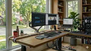 A high-detail wide desk for dual monitors with a small Canadian flag and professional peripherals in a high-quality 4K render.