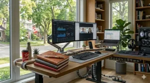 Detailed view of a wide desk for dual monitors showing professional cable management sleeves and organized power strips.
