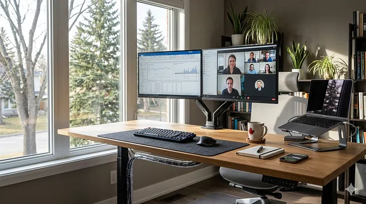 Photorealistic featured image of a wide desk for dual monitors in a bright Canadian home office featuring a maple leaf mug and natural light. wide desk for dual monitors
