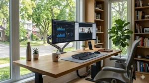 High-detail 4K photo of a wide desk for dual monitors showing ample surface space for professional office equipment in a modern home.