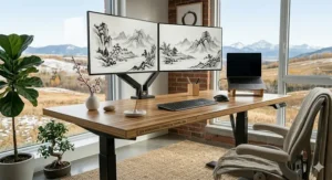 A peaceful Zen workspace in Calgary featuring a bamboo standing desk, bonsai tree, and a view of the Canadian Rockies.
