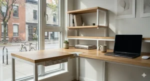 Alt text for image 4: Minimalist modular workstation in a Montreal-style apartment, featuring integrated power outlets and sleek oak finishes.