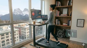 A versatile adjustable-height treadmill desk combo being used for both walking and standing tasks.
