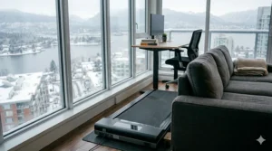 Space-saving affordable under desk treadmill tucked under a sofa in a small Vancouver apartment.