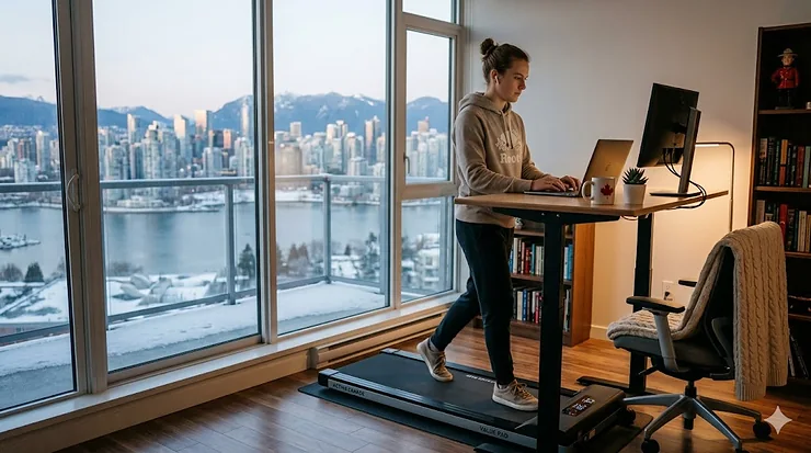 A professional working at a standing desk using an affordable under desk treadmill in a Toronto condo with city views.