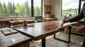 Illustration highlighting the quality of a "bureau à bord naturel" (live edge desk) handcrafted in Canada.