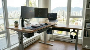 Illustration highlighting the health benefits of using a corner standing desk to reduce sedentary time during long Canadian winters. | Bienfaits du bureau debout pour la santé et la productivité.