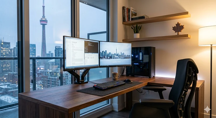 A spacious L-shaped corner desk for dual monitor setup in a modern Toronto home office with ergonomic accessories.