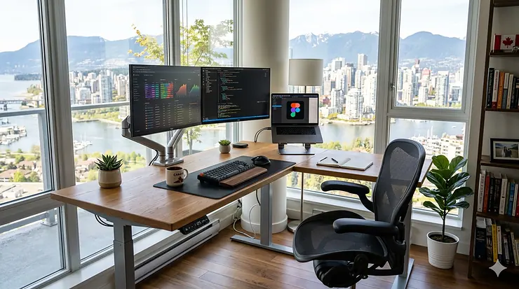 A premium L-shaped corner standing desk in a modern Canadian home office with ergonomic dual-monitor setup and a view of a snowy park. | Bureau debout en coin pour bureau à domicile.