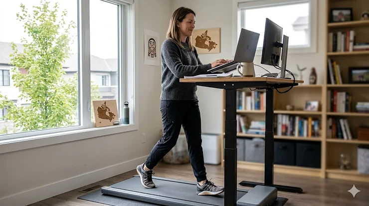 A professional remote worker using a walking pad for standing desk in a bright Canadian home office.