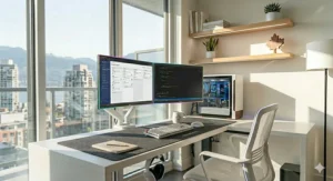Professional corner desk for dual monitor setup in a bilingual English and French Canadian home office environment.