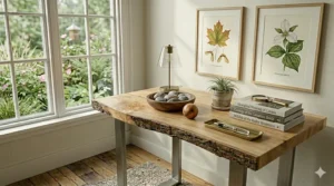 A stylish bureau en bois massif (solid wood desk) styled with Canadian decor for a professional home workspace.