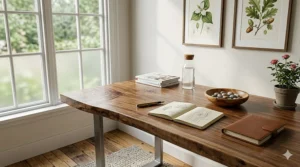 Close-up texture of sustainably sourced Canadian maple used for a durable solid wood desk.