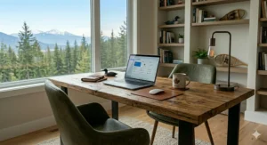 Modern Canadian home office setup featuring a reclaimed wood desk handmade in Canada, styled for productivity and warmth.