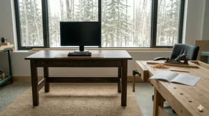 A classic dark-stained oak computer desk in a traditional study, perfect for Canadian professionals working from home.