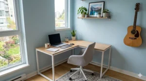 Illustration showing a small L-shaped desk optimized for a corner workspace in a cozy Canadian home.