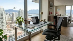 A compact modern glass desk for home office perfect for a small Vancouver apartment or urban Canadian condo.