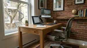 A compact red oak computer desk tucked into a cozy Montreal apartment nook, showing space-saving efficiency.
