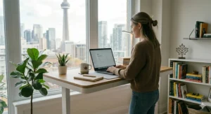 A compact Scandinavian standing desk designed for small Toronto condo living and urban Canadian home offices.