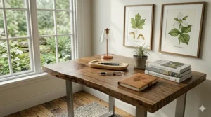 Space-saving solid wood desk designed for urban Canadian apartments and small home offices.