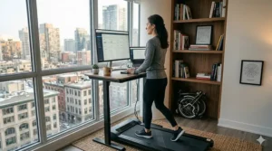 A space-saving treadmill desk combo perfect for small Montreal or Vancouver apartments.