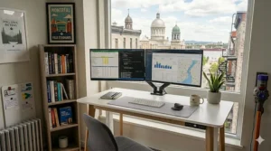 Compact minimalist white desk for students, perfect for study nooks in Montreal apartments or residence rooms.