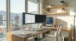 Measurement guide for a corner desk for dual monitor setup to ensure a perfect fit for Canadian standard room sizes.