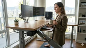 Organized cable management tray under a corner standing desk, keeping tech cords tidy and safe for pets and children. | Système de gestion des câbles sous le bureau.