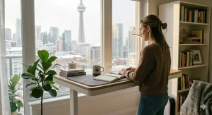 A cozy Hygge style workspace in Canada featuring a Scandinavian standing desk, a warm rug, and a coffee mug.