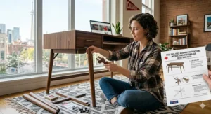 Simple tool-free assembly illustration for an affordable mid century modern workstation.