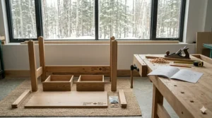 Easy-to-assemble oak computer desk components laid out on a rug, showcasing sturdy Canadian craftsmanship.