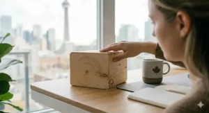Detail of sustainable FSC-certified birch wood used in a Scandinavian standing desk for eco-conscious Canadian buyers.