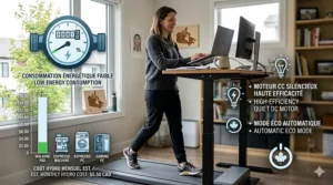 Infographic displaying the energy efficiency and estimated low hydro cost of a walking pad for standing desk for Canadian users.