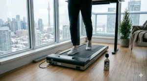 Ergonomic Canadian home office setup featuring a standing desk and an affordable under desk treadmill.
