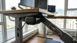 Illustration of proper standing posture at a corner desk with a Canadian professional using an anti-fatigue mat. | Posture ergonomique au bureau debout.