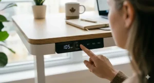 Close-up of the digital height adjustment interface on a Scandinavian standing desk for ergonomic health.