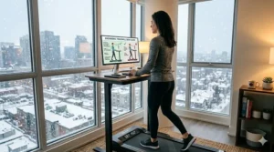 An ergonomic home office setup featuring a treadmill desk combo for improved posture and health.