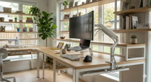 Alt text for image 6: Ergonomic home office setup with a modular desk, featuring an adjustable monitor arm, curved screen, and natural light from a backyard view.