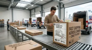 Illustration of fast shipping for mid century modern furniture across Canada from coast to coast.