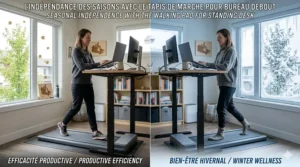 Space-saving foldable walking pad for standing desk tucked under furniture in a small apartment.
