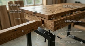 Illustration of traditional handcrafted joinery techniques used in a reclaimed wood desk handmade in Canada for lasting durability.
