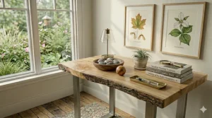 Skilled artisan finishing a handcrafted solid wood desk in a local Canadian woodworking shop.