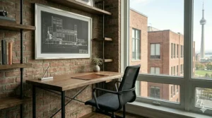 Robust industrial-style workbench desk with a thick timber surface, ideal for Canadian makers and heavy-duty home office setups.