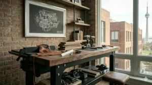 Multi-functional industrial desk with integrated shelving, providing organized storage solutions for Canadian students and professionals.
